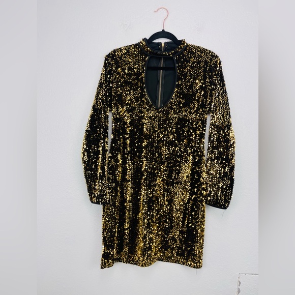 NWOT Gold Sequins Long Sleeve Chocker Body Con Evening Mini Dress - Picture 4 of 9